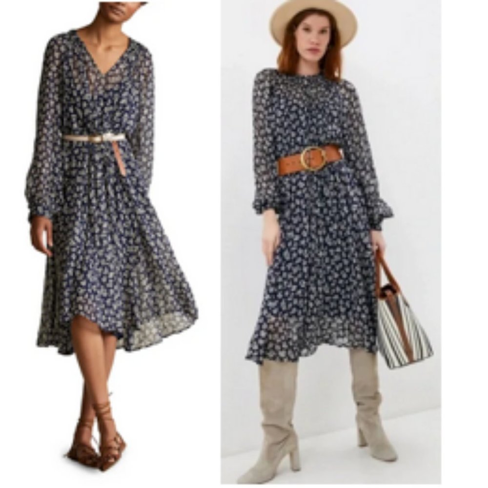 POLO RALPH LAUREN Denver Floral Print Long Sleeve Dress In Navy/Cream ~ NWT